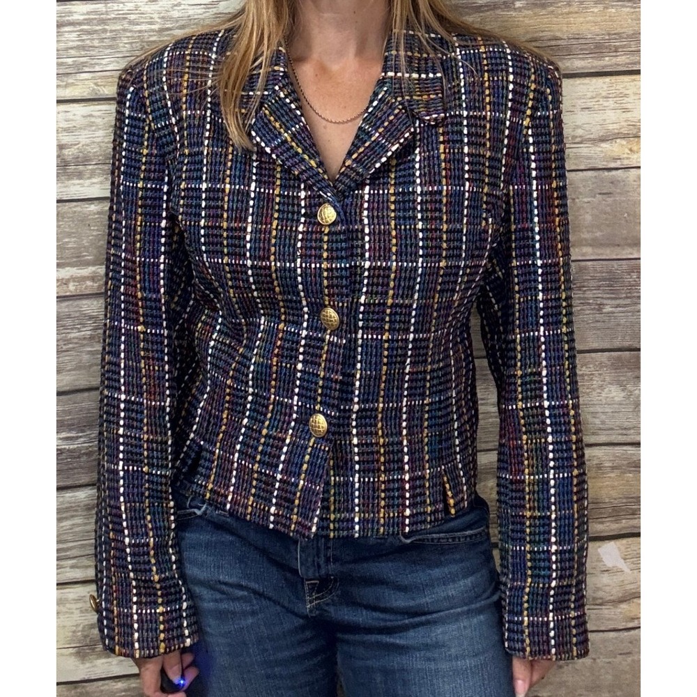 Vintage 90s Doncaster 100% Woven Silk Plaid Blazer Jacket Rainbow Gold Button 12